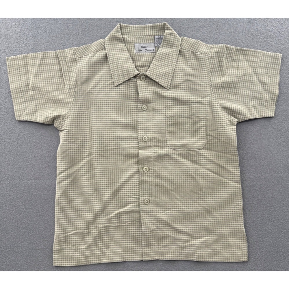 Ocean Current Button Down Shirt Boys L Green Tan Micro Check Earthy Retro VTG